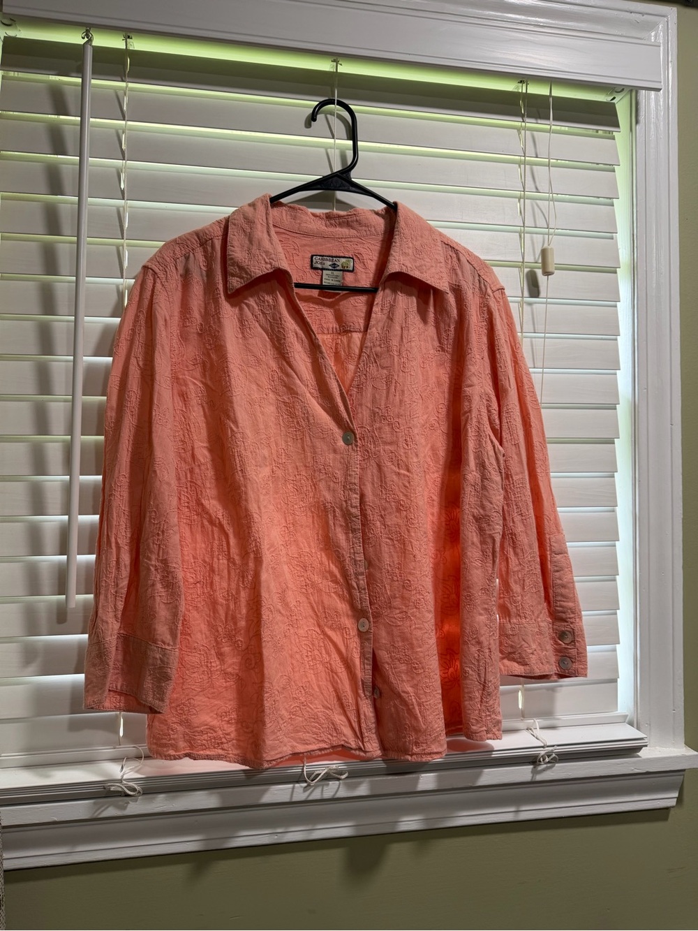 Caribbean Joe Coral Embroidered Button Shirt